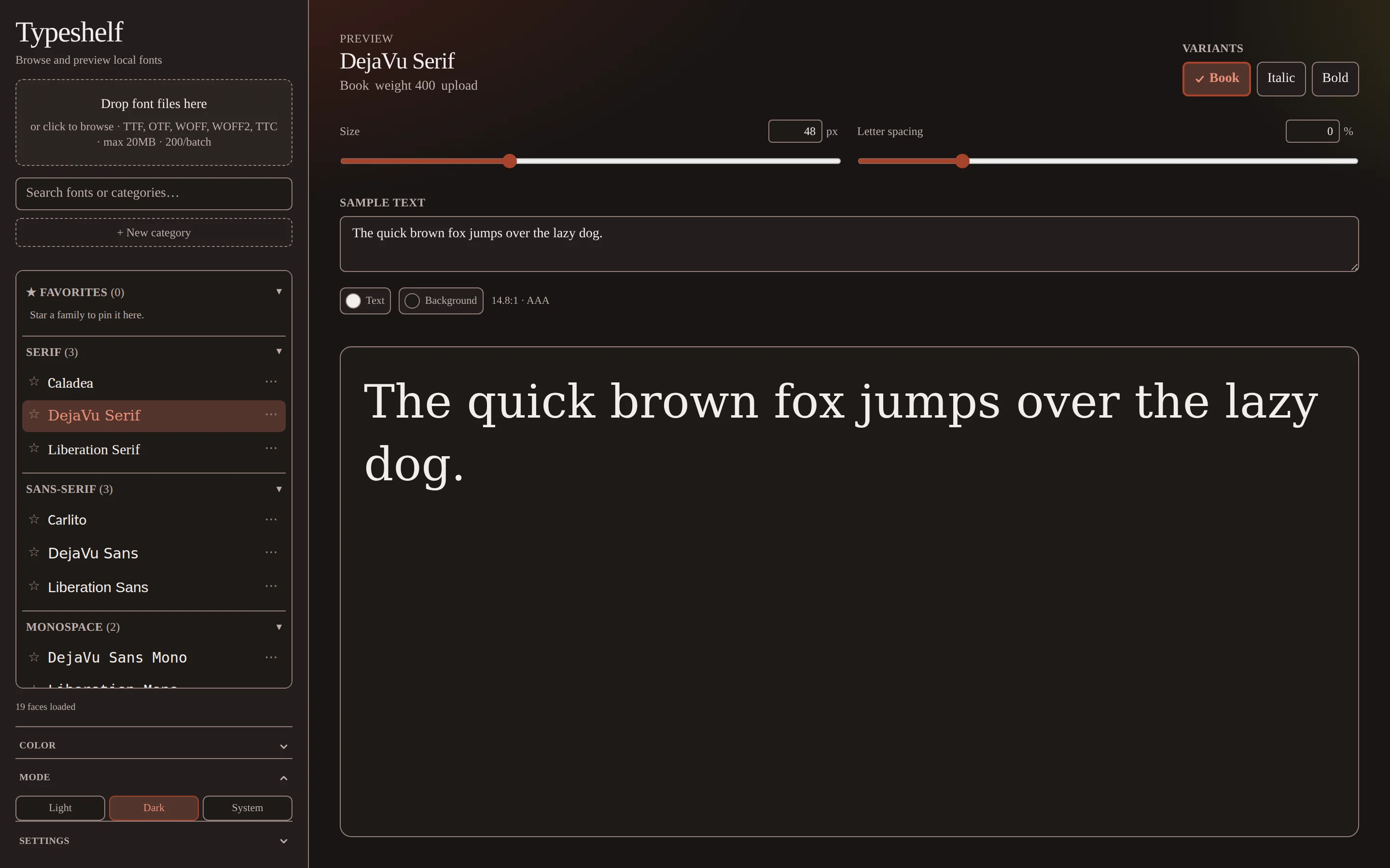 Typeshelf in dark mode, contrast readout at 14.8:1 AAA