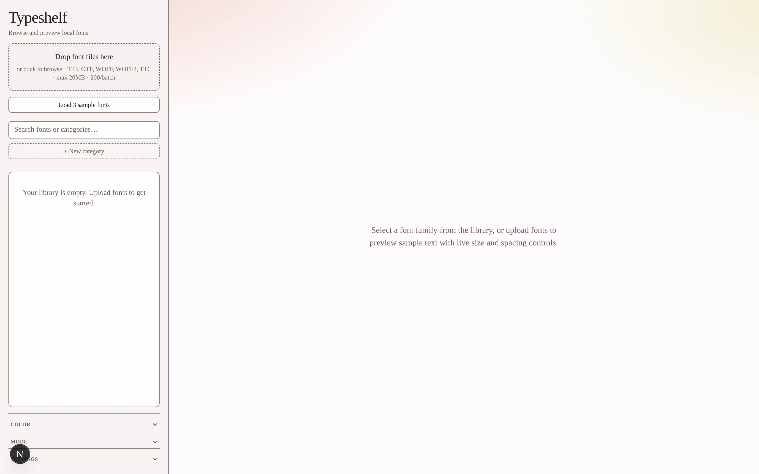 Typeshelf's empty state: a drop zone, a Load 3 sample fonts button, and an empty library panel