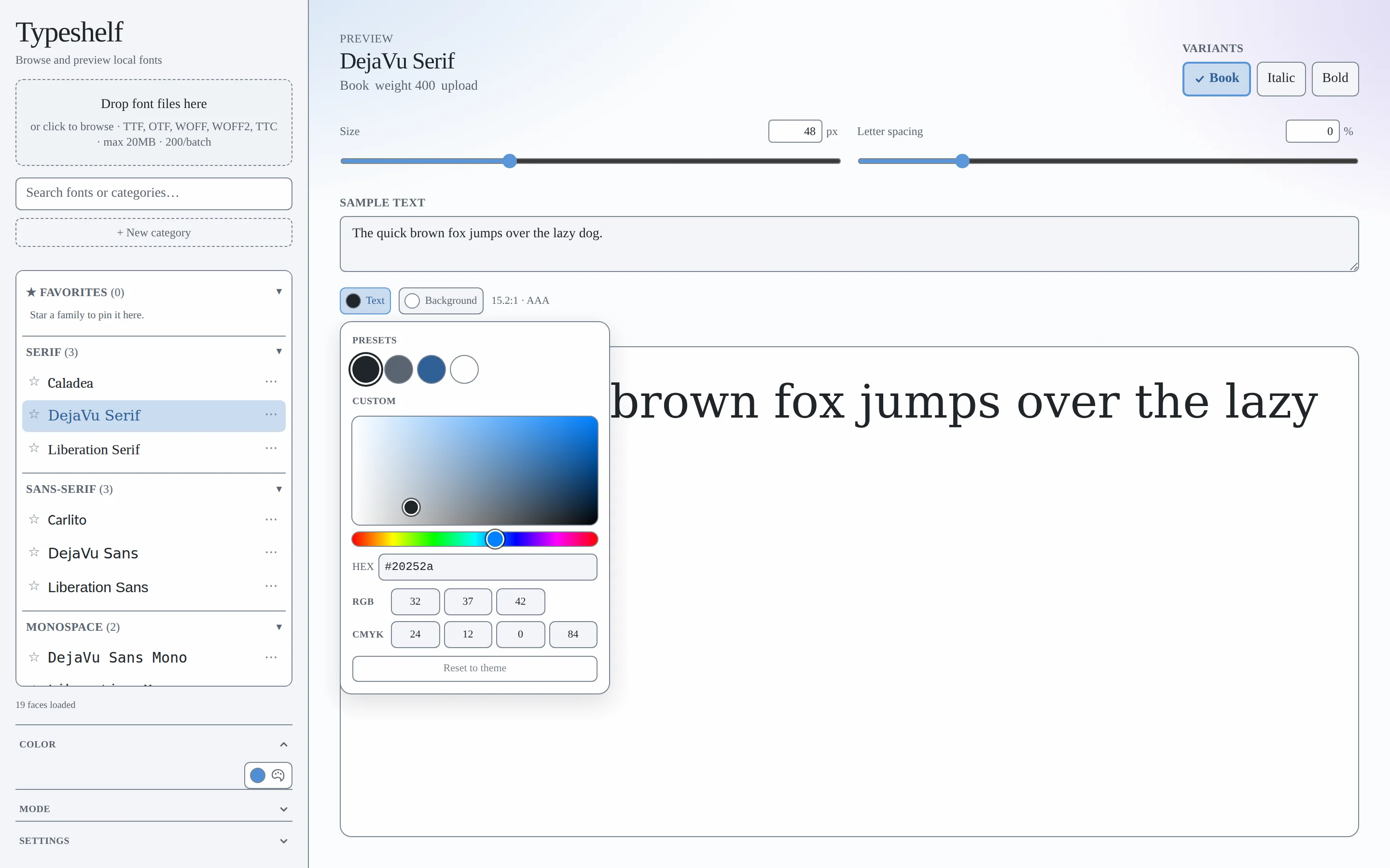 The specimen color picker open, showing presets, an HSV field, hex, RGB and CMYK inputs, and a live contrast ratio of 15.2:1 AAA