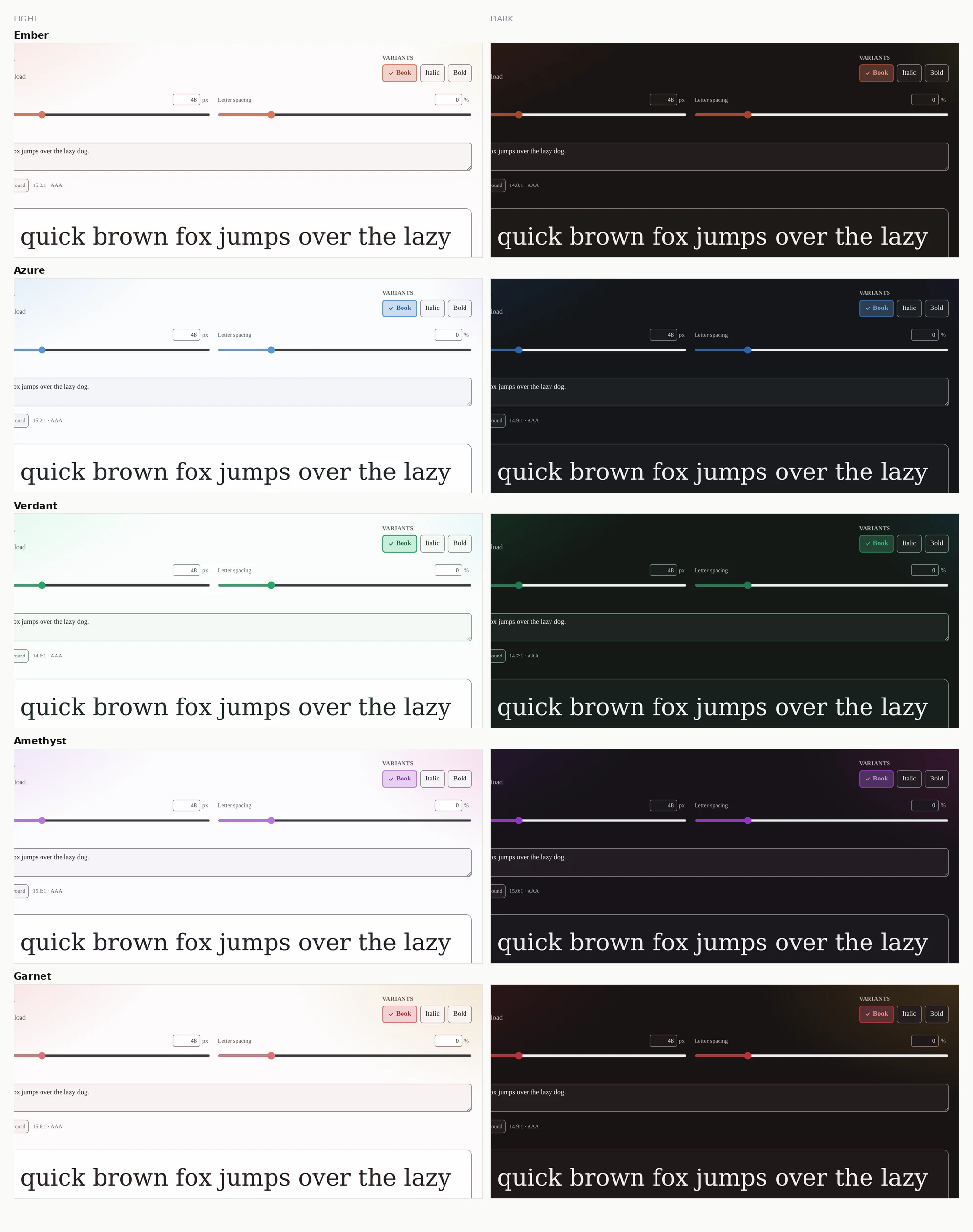 Matrix of five color schemes rendered in both light and dark mode, each showing its own contrast ratio